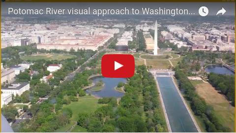 Potomac River visual approach to DCA in Washington DC over Georgetown, Kennedy Center, the National Mall, Washington Monument, Jefferson Memorial.