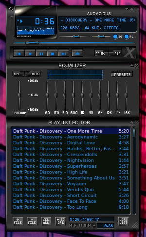 Three-part graphical interface of Audacious: basic player controls at top, equalizer in the center, track list at bottom.