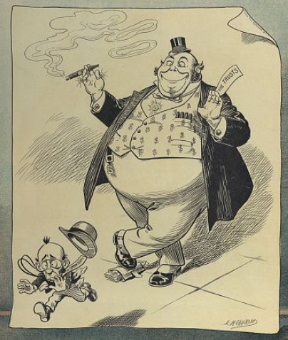 Trusts and monopolies cartoon from https://www.loc.gov/resource/ppmsca.27589/, published in in 'Puck', v. 66, no. 1711 (1909 December 15)