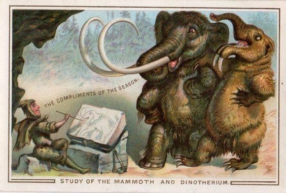 Early 1900s Christmas card saying 'The Compliments of the Season' and 'Study of the Mammoth and Dinotherium', showing those two creatures dancing and an elf drawing them.
