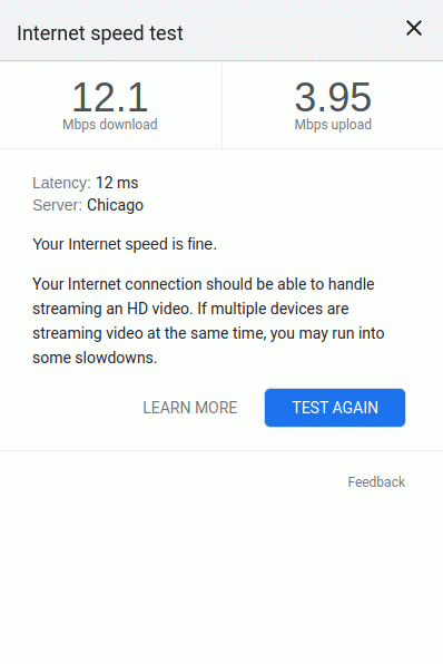 Internet speed test result from a West Lafayette coffee shop to Google's servers in Chicago.