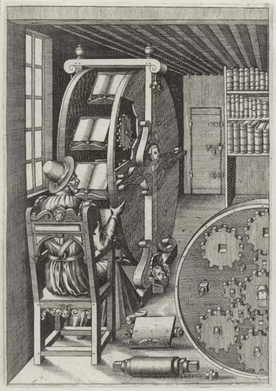 A mechanical system in the form of a two-faced wheel reaching from floor level almost to the ceiling, carrying a dozen or more books. A system of gears keeps the books properly oriented as the wheel turns. A man is sitting at a chair using the device. A partially visible shelf across the room holds additional books, at least 23 are visible. From Agostino Ramelli's 1588 'Le diverse et artificiose machine', in the U.S. Library of Congress collection and available through the Public Domain Image Archive at https://pdimagearchive.org/.