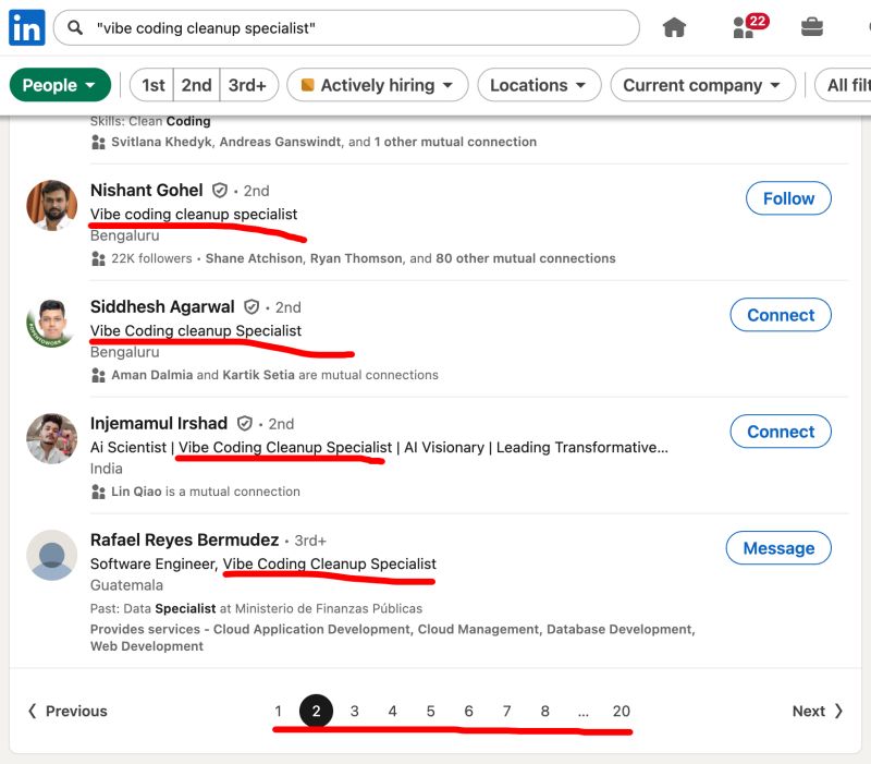 LinkedIn search for 'vibe coding cleanup specialist' with at least 20 pages of matches.