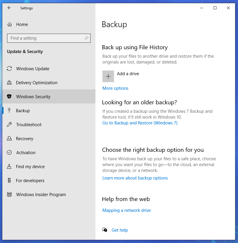 Backing up data: Windows 10 Settings > Update and Security > Backup
