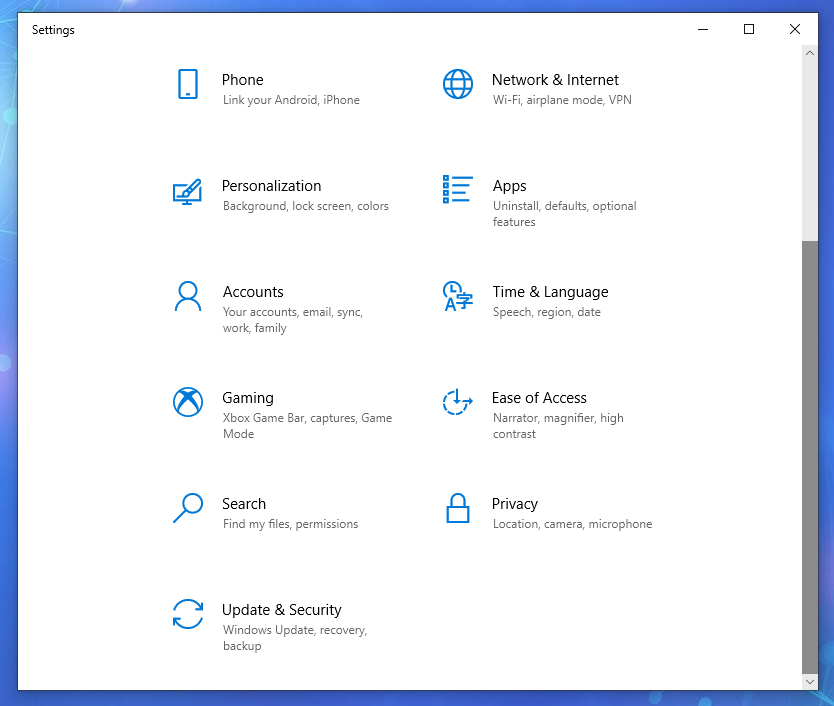 Windows 10 'Settings' panel