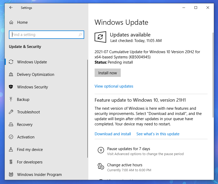 Windows 10 'Windows Update' panel