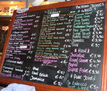 Hash and marijuana menu in a brown cafe in Amsterdam.