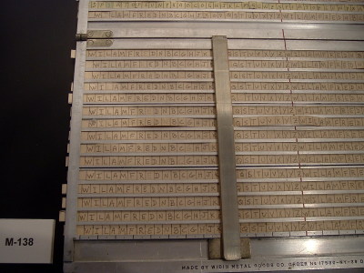 M-138 manual cryptographic device, cryptographically equivalent to Thomas Jefferson's disc-based system.
