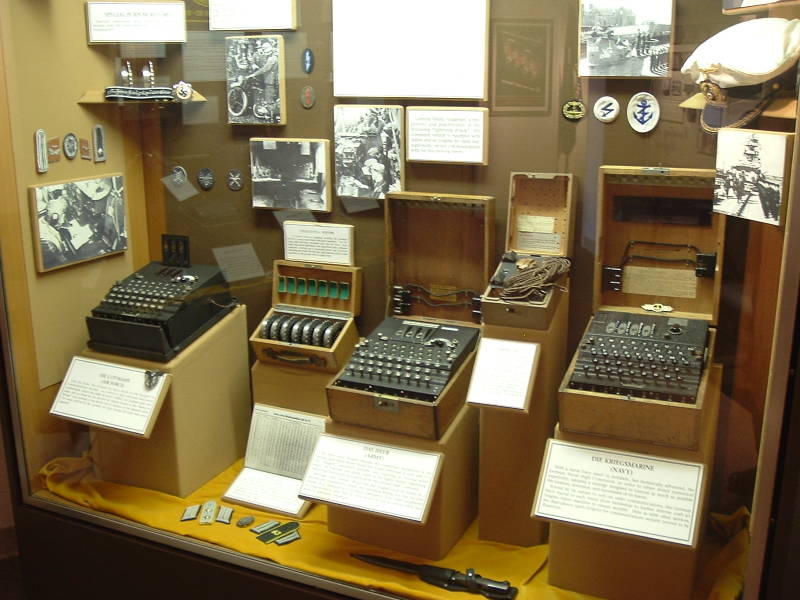 Museum case displaying several Enigma machines: Luftwaffe unit, case with seven Enigma rotors, Army Enigma and small radio, Kriegsmarine (Navy) 4-rotor Enigma machine.