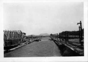 View from the USS Chaumont on a passage through the Panama Canal in 1938-1941, entering a lock.