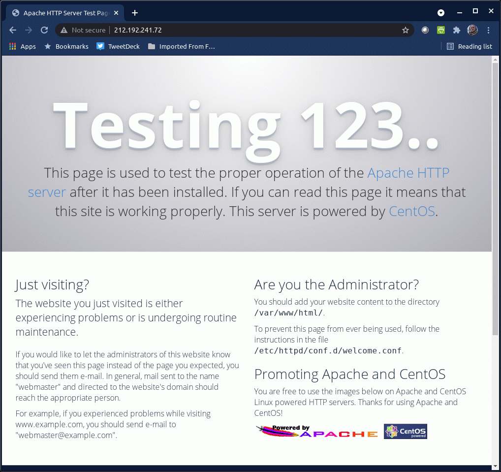 Apache 'It Works' testing page on CentOS.