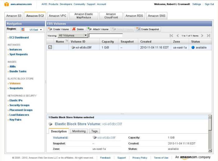 Amazon AWS dashboard for creating Amazon Elastic Block Storage volumes and attaching them to running EC2 instances.