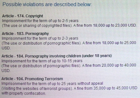 Possible violations and their penalties as described by 'police extortionware'.