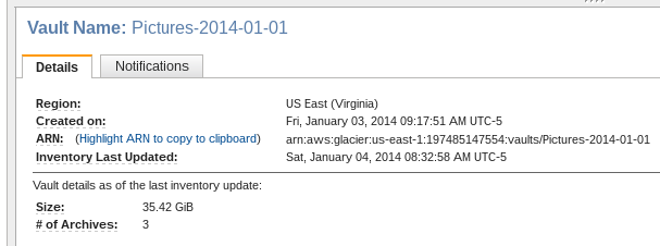 Amazon Glacier vault description.