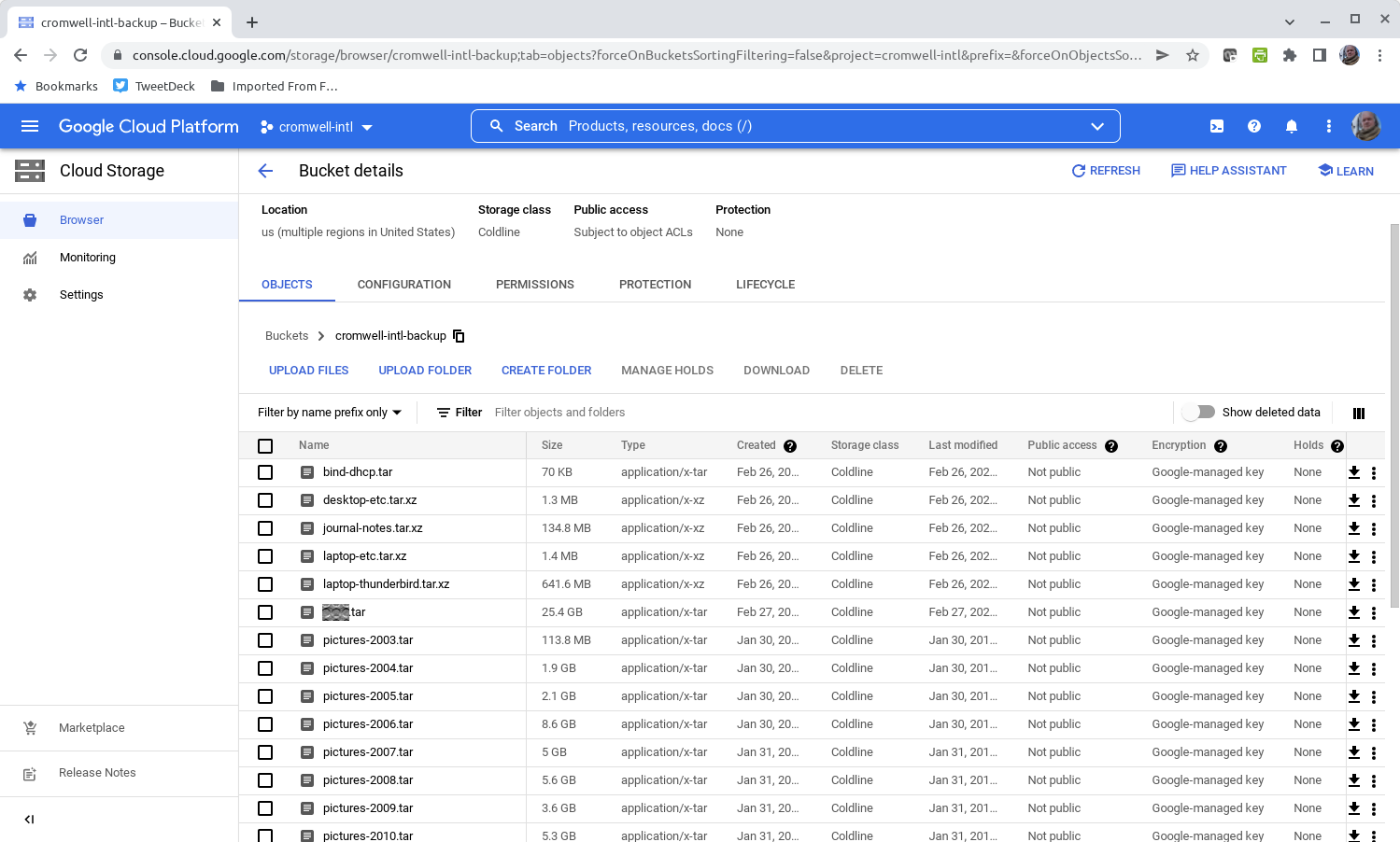 Google Cloud Platform storage bucket detail page