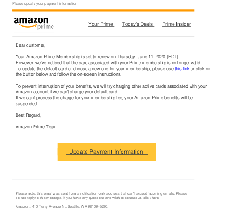 Fake message supposedly from Amazon Prime, trying to trick me into giving up my Amazon credentials.