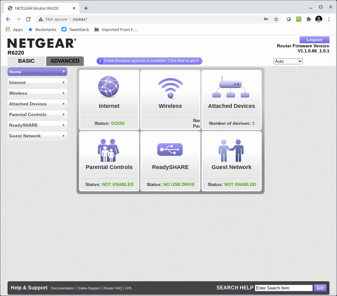 Status page of a Netgear router that needs a firmware update.