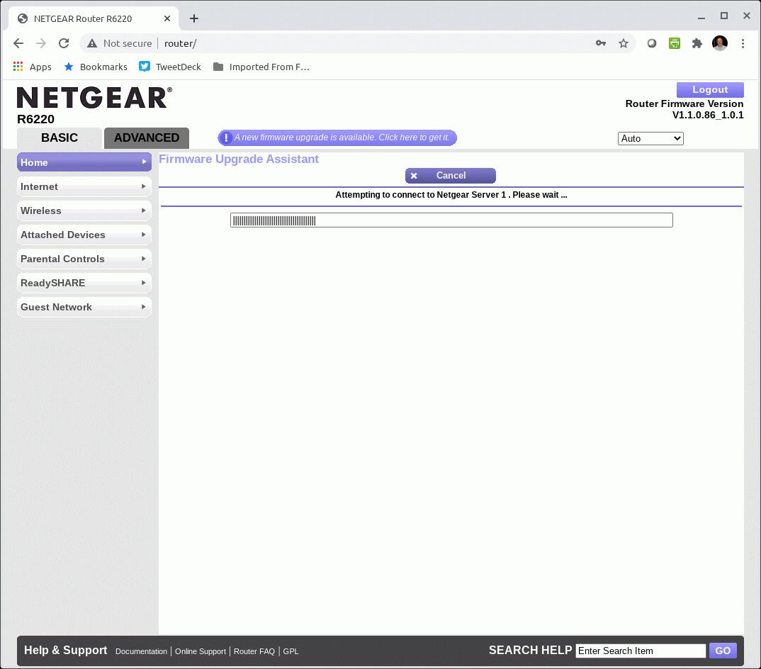 A Netgear router is checking with headquarters to see what firmware update is available.