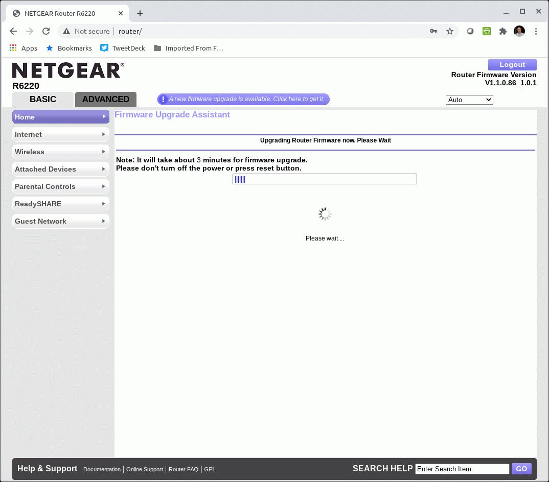 A Netgear router is installing a firmware update.