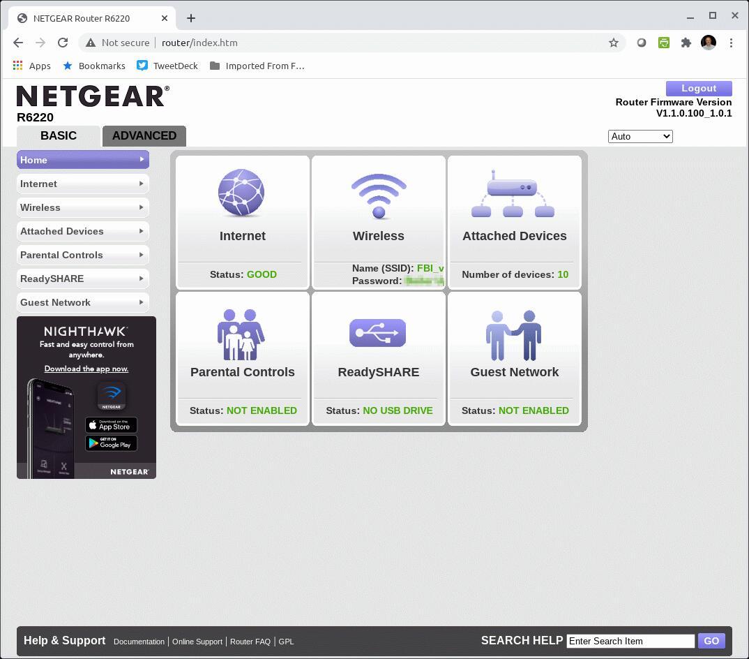 Status page of a Netgear router that has just gone through a firmware update.