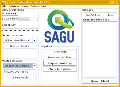 SAGU or Simple Amazon Glacier Uploader main window.