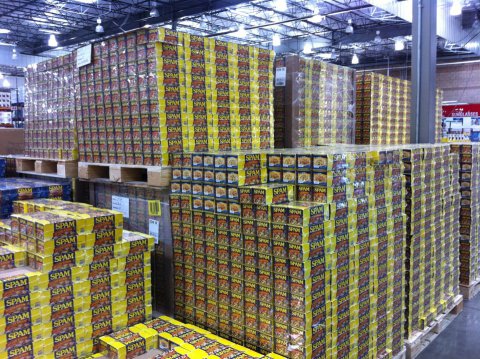 The Spam inventory is stacked in the warehouse.