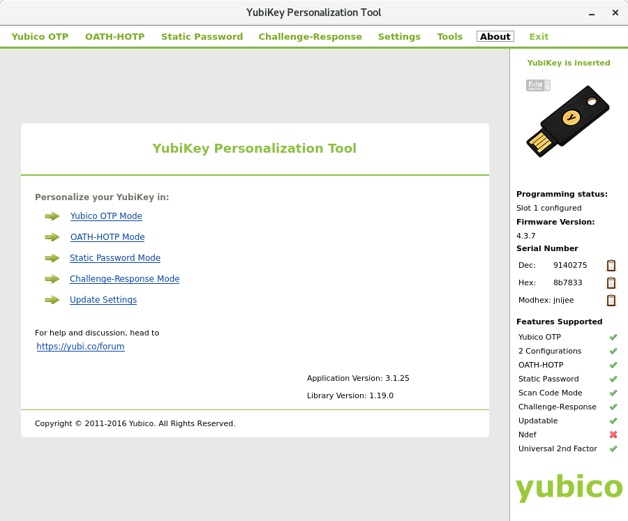 YubiKey Linux software yubikey-personalization-gui.