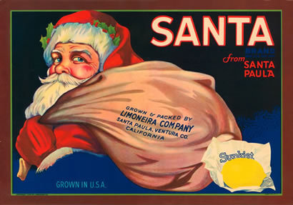 Santa Claus with Sunkist lemons from Santa Paula, grown and packed by Limoneira Company