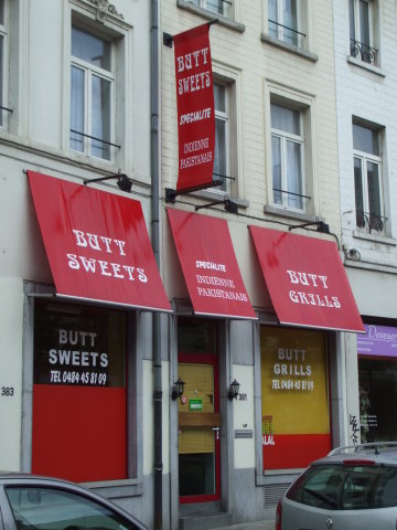 Funny sign for Butt Sweets and Butt Grills in Brussels.