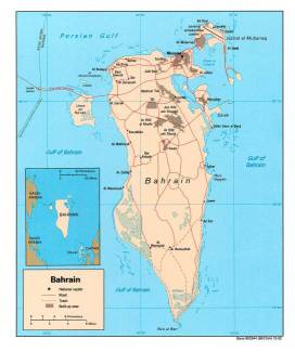 Map of Bahrain showing the airport and quiet coastline and beach south of the point of Ra's Hayyan.