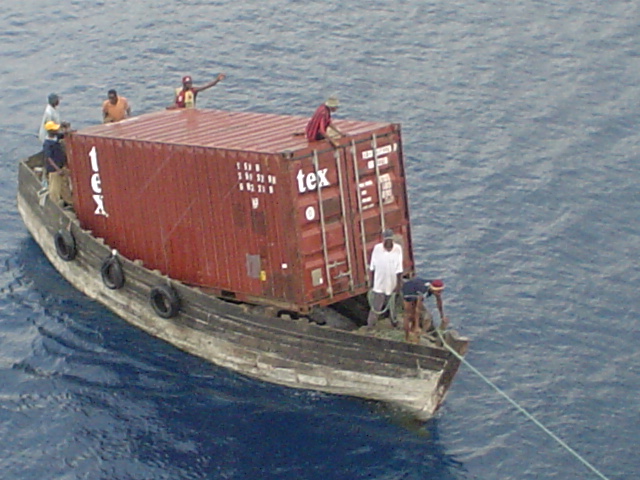 Pirates with a stolen cargo container.