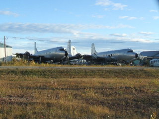 Several DC4 and DC7 aircraft parked behind our hanger.