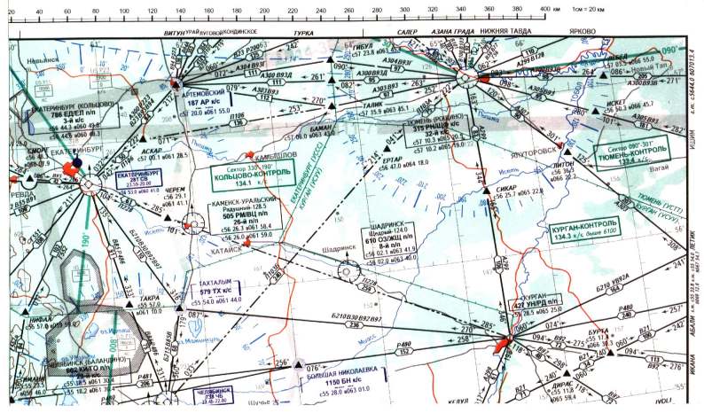 Southwestern Siberia enroute chart: navigational aids, approach vectors, compass headings, airways.