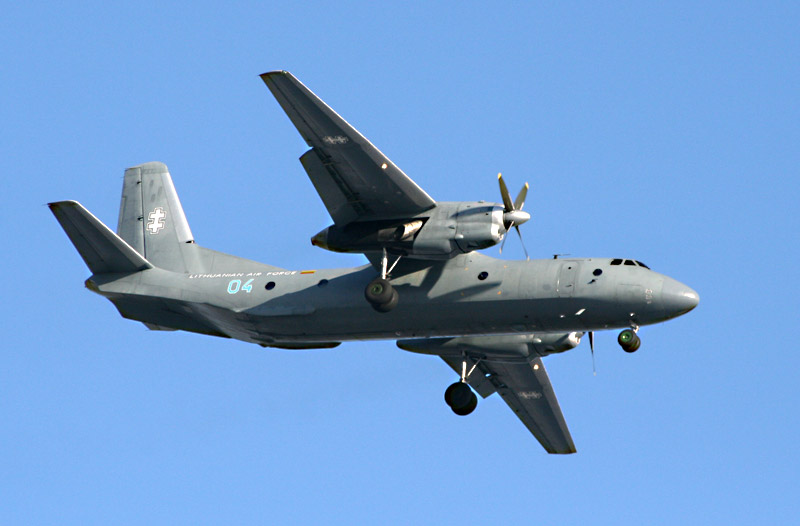 Lithuanian Air Force Antonov AN-26 cargo plane modified for high-speed plumbing drops.