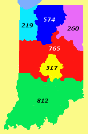 Indiana area code map, from https://commons.wikimedia.org/wiki/File:Area_codes_IN.png