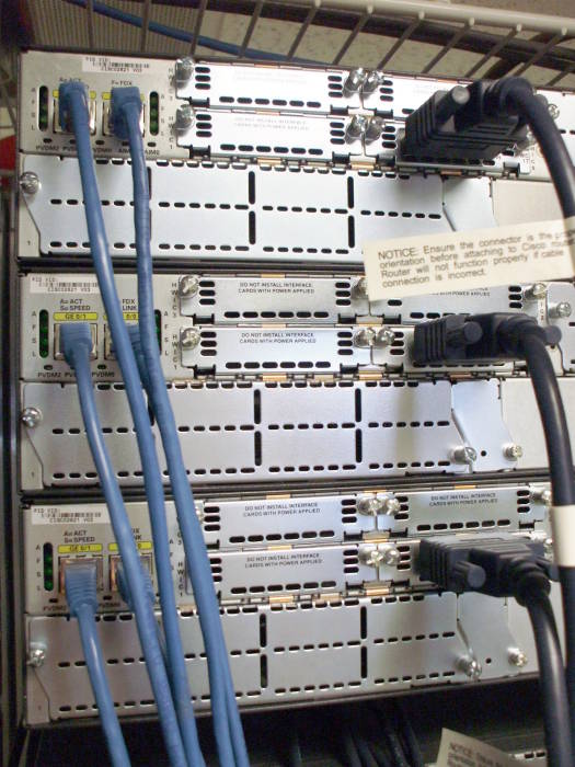 ANSI/TIA/EIA-422-B (formerly RS-422) or ITU-T V.11 serial connections to a bank of three Cisco routers.