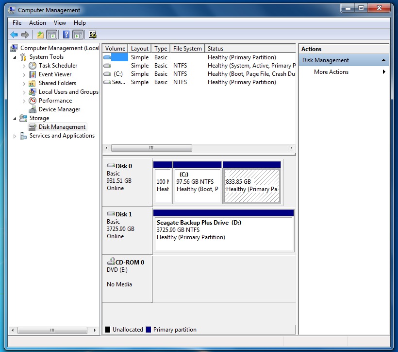 Windows Computer Management tool, Disk Management option.