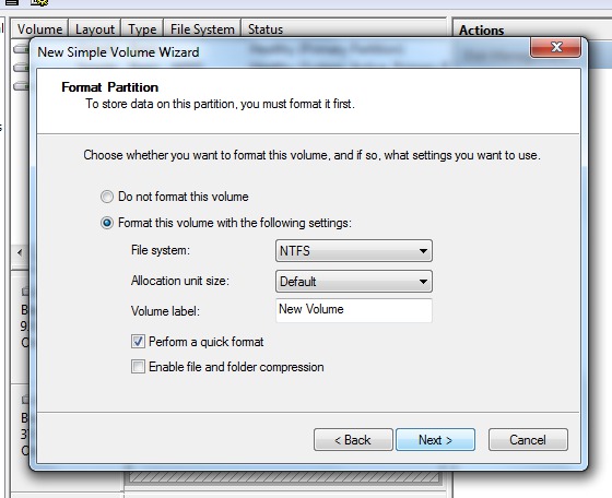 New volume wizard screen #4: formatting as NTFS.