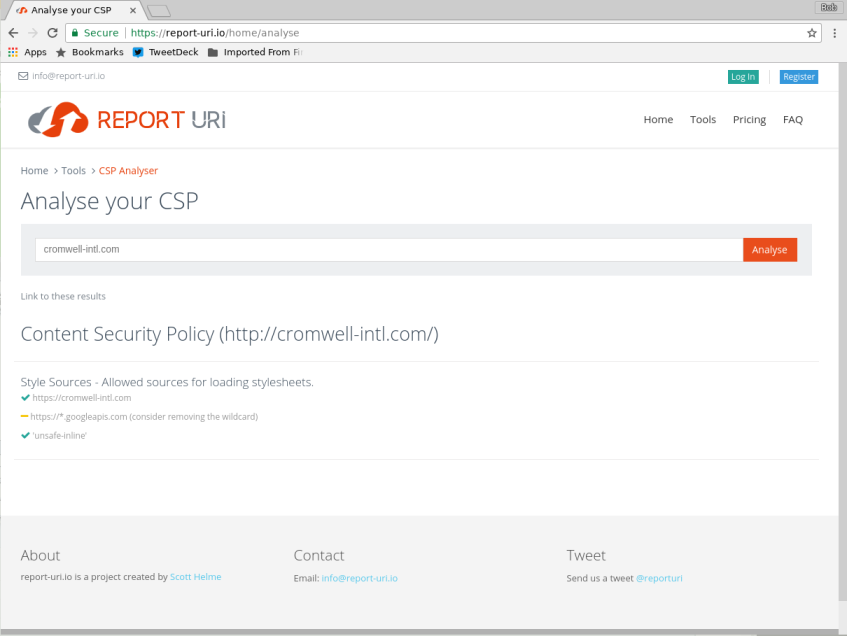 Screenshot of report-uri.io analysis of a HTTPS web server