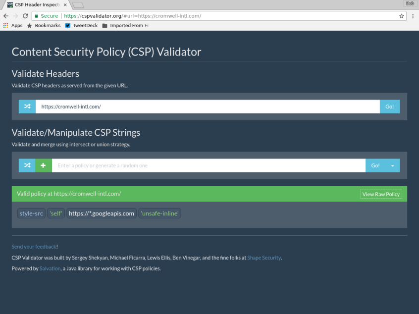 Screenshot of cspvalidator.org analysis of a HTTPS web server