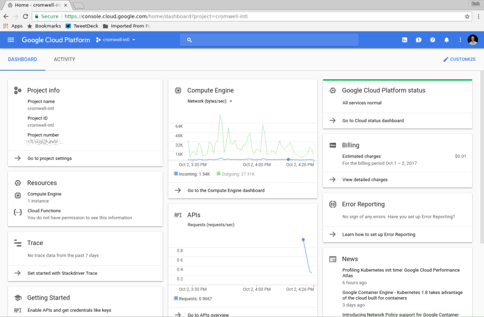 Google Compute Engine dashboard view of project.