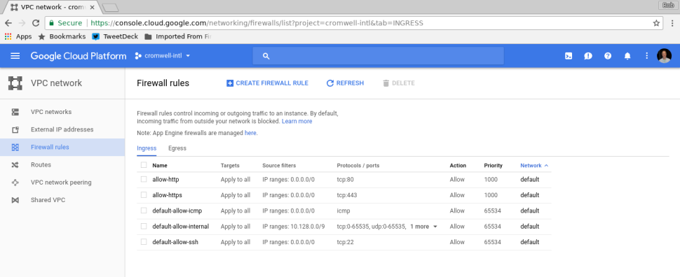 Google Compute Engine firewall settings: Allow SSH, HTTP, and HTTPS connections, and also allow inbound ICMP.