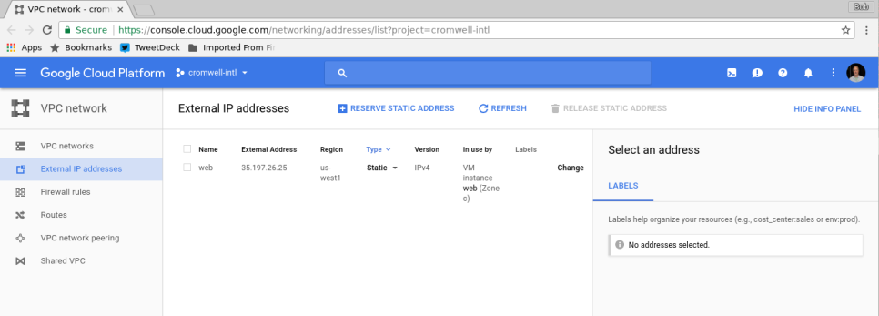 Google Compute Engine VPC network settings: External IP address, region, and type.