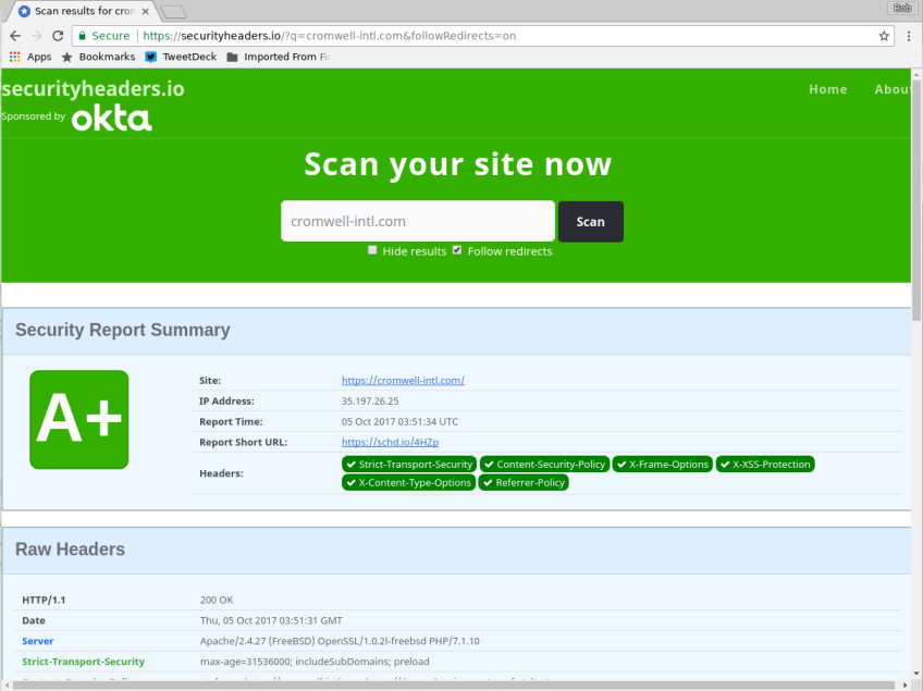 Screenshot of securityheaders.io analysis of a HTTPS web server