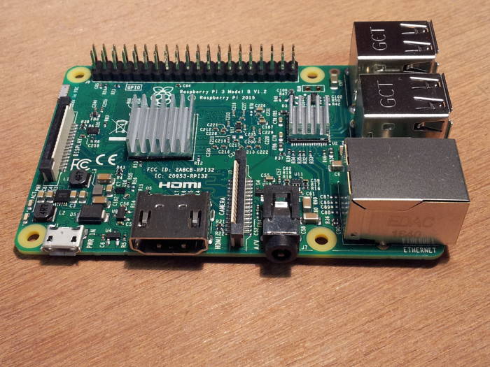 Raspberry Pi 3, top view of main board with heatsinks installed.