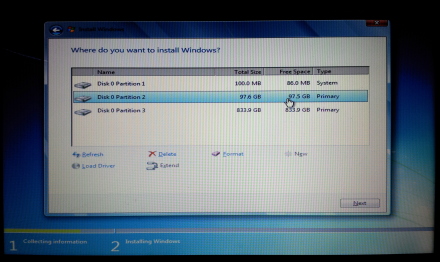Partitioning a disk during a Windows 7 installation.