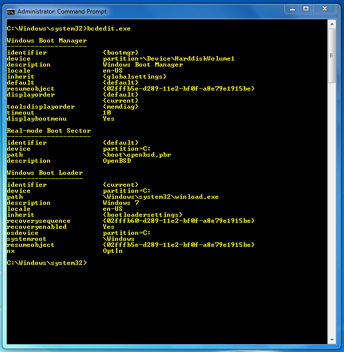 Verify the Windows boot loader changes with bcdedit.exe.