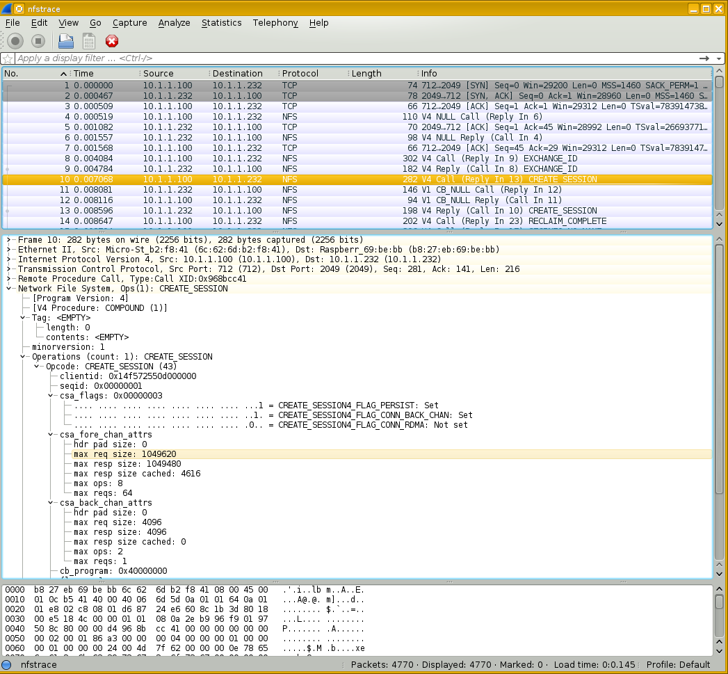 Wireshark capture of NFS 4.1 session negotiation, client request.