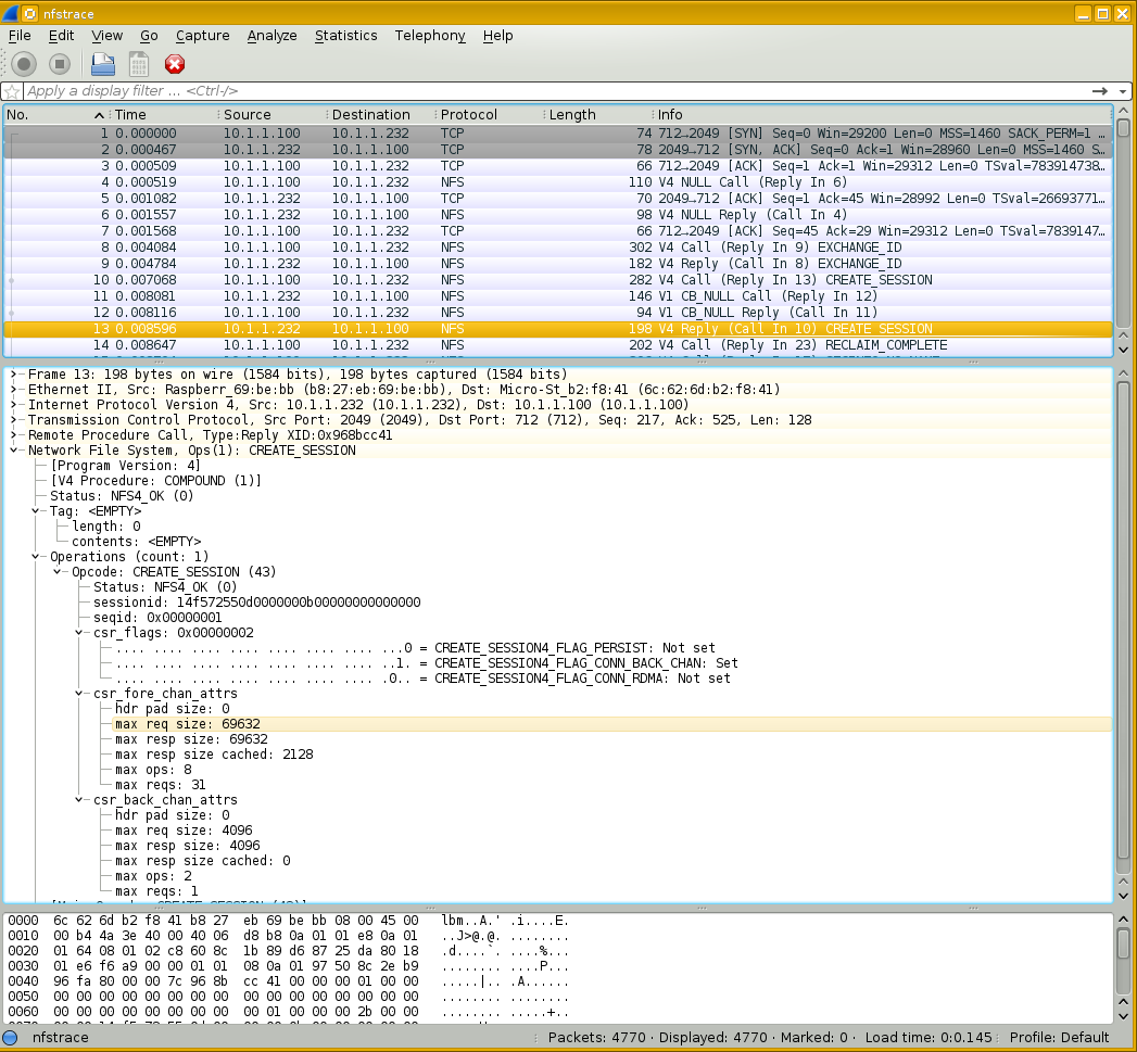 Wireshark capture of NFS 4.1 session negotiation, server response.