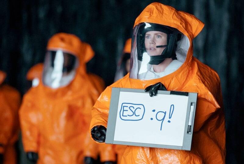 Screen shot from the movie 'Arrival' altered to show the main character explaining how to exit the vim editor.